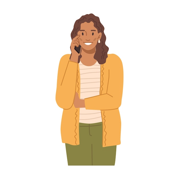 Vector woman talking on phone holding smartphone