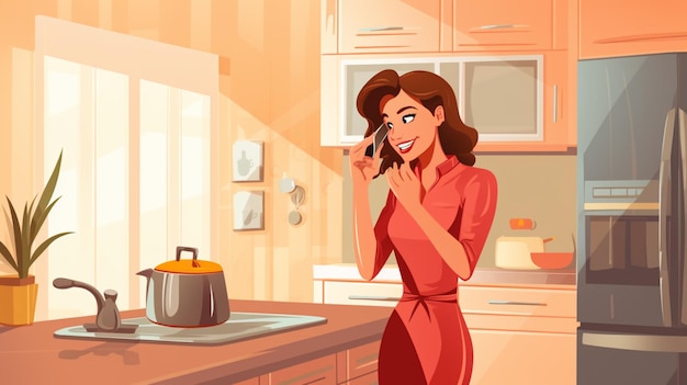 Vector a woman talking on a phone in a kitchen