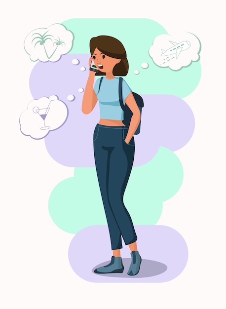 Vector woman talking on the phone. a sweet girl talks about her vacation plans. modern lifestyle and communication concept illustration in vector cartoon flat style.