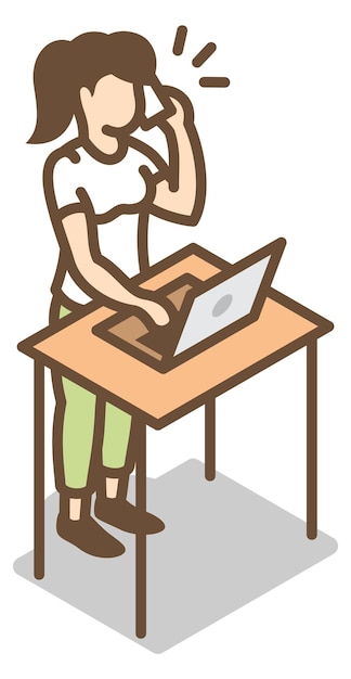 Woman talking on phone and working on laptop Multitasking person isometric icon