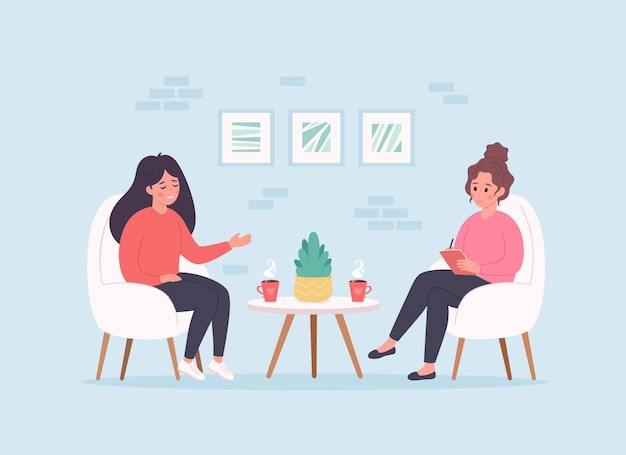 Woman talking with psychologist Psychology therapy mental health depression Vector illustration