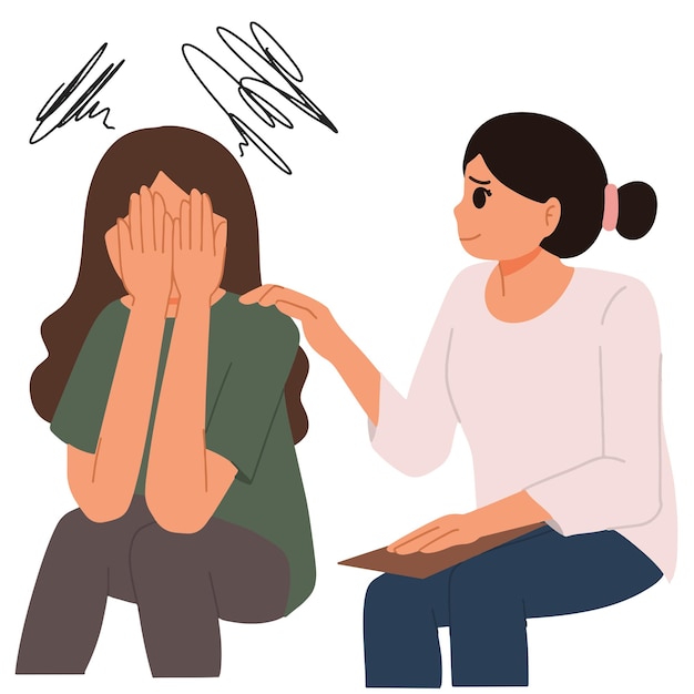 Vector woman talking with psychologist therapy problem and mental health issue illustration