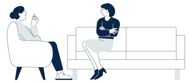 Woman talking with psychotherapist characters on couch session