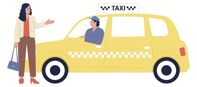 Vector woman talking with taxi driver passenger transport service