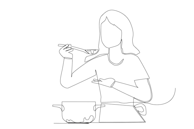 A woman tasting the meal in the kitchen line art