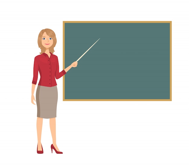 Vector woman teacher holds pointer showing on blackboard.