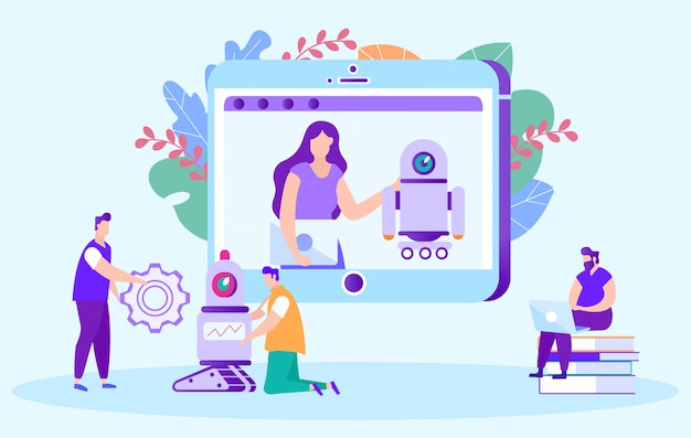 Женщина учитель онлайн курс по настройке робота. дистанционное обучение. e-learning.