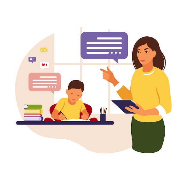 Vector woman teacher teaches the boy at home or school. conceptual illustration for school, education and homeschooling.