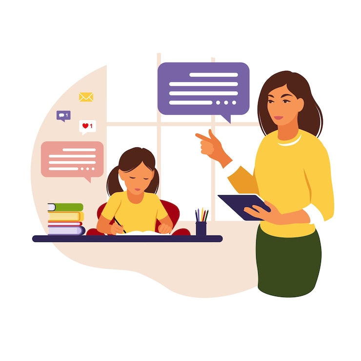 Vector woman teacher teaches the girl at home or school.conceptual illustration for school, education and homeschooling.teacher helping girl with homework. flat style illustration.