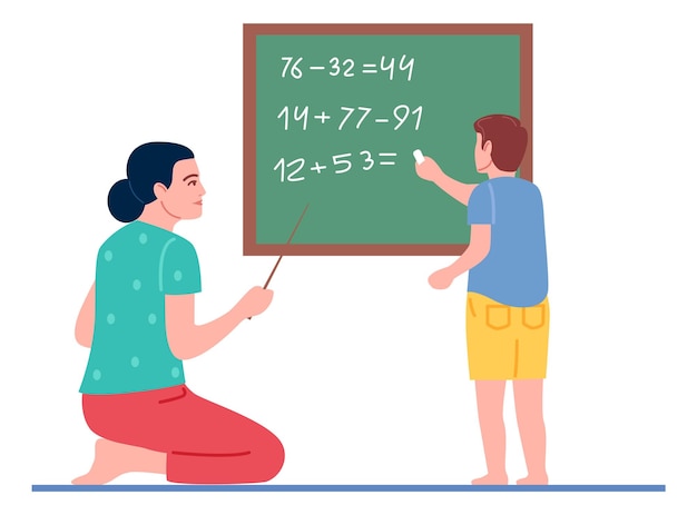 Woman teaching math to little boy Home education concept