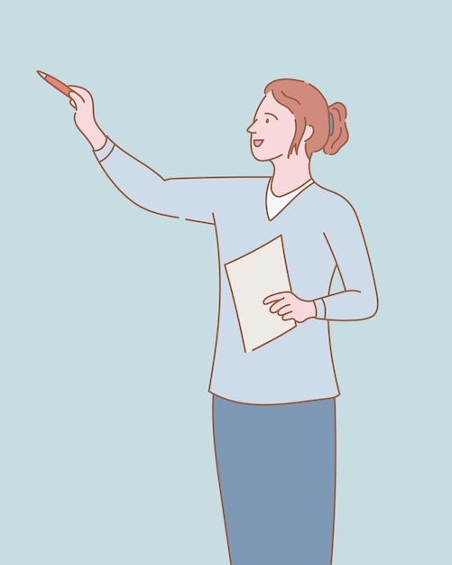 Woman teaching something with book on hand with outline or line and clean simple people style