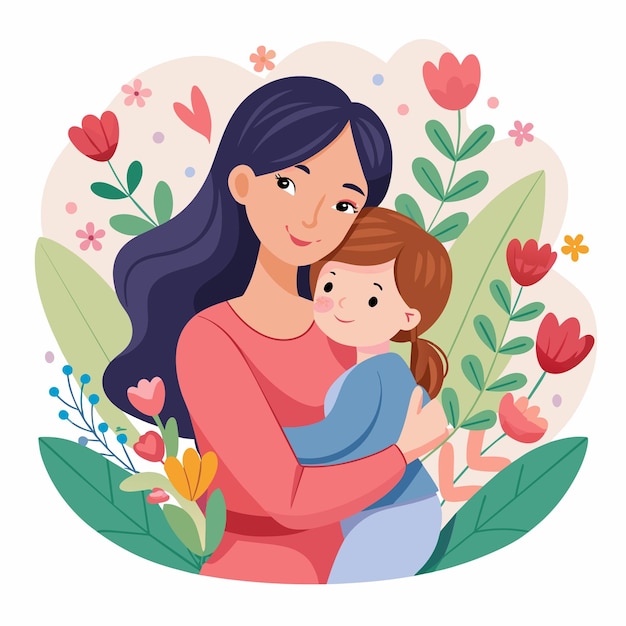 Vector a woman tenderly holding a child in her arms a heartwarming image of a mother and child embracing with flowers in the background simple and minimalist flat vector illustration