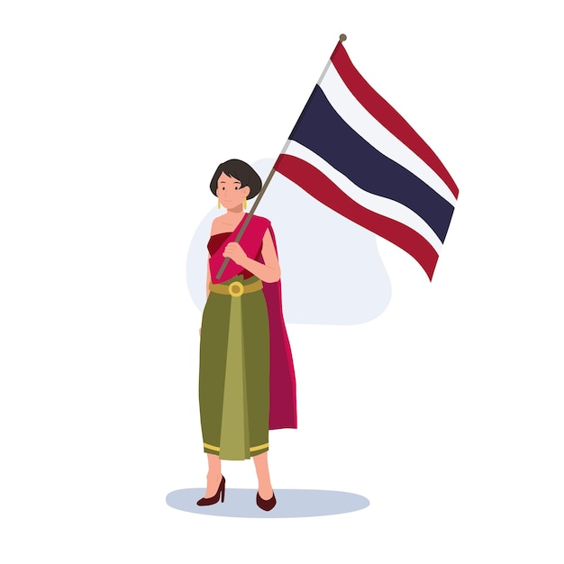 A woman in Thai traditional costume is holding the big Flag of Thailand in her hand Full length Flat vector illustration