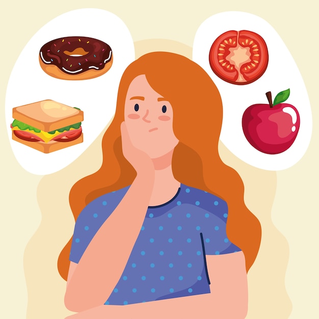 Woman thinking about fast food design, unhealthy eat and restaurant theme