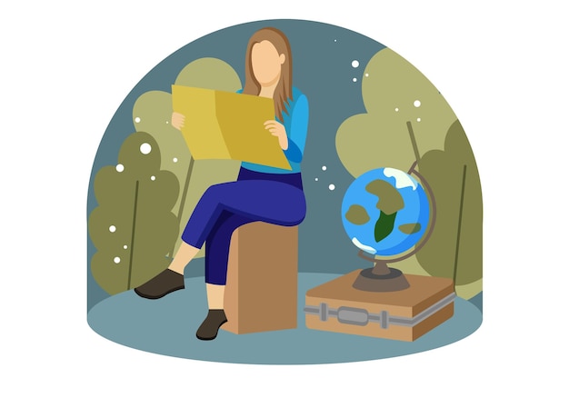 Woman thinking about traveling. Vector flat illustration. Vector illustration