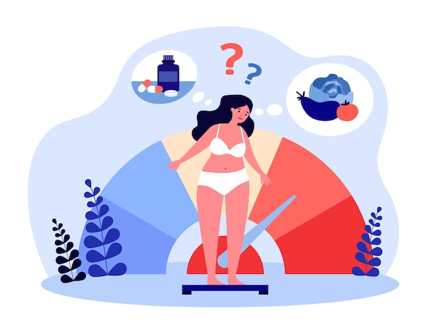 Woman thinking about weight control. Girl in underwear standing on scale in doubt flat vector illustration. Dietary supplement, healthy diet concept for banner, website design or landing web page