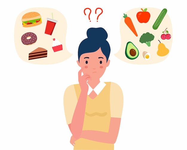 Vector woman thinking between fast food and healthy live food healthy lifestyle concept
