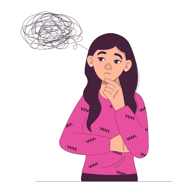 Woman thought confused thoughts problems overthinking vector graphic