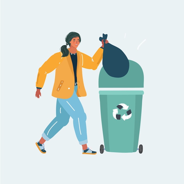Vector woman throw organic garbage away in container.