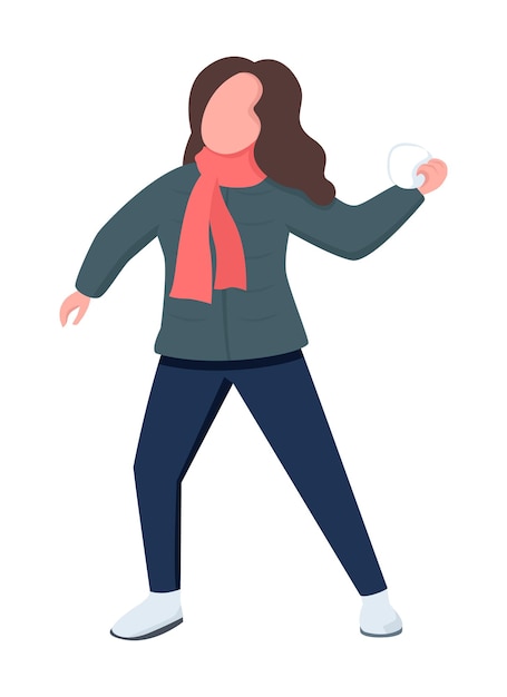 Woman throw snowball semi flat color vector character