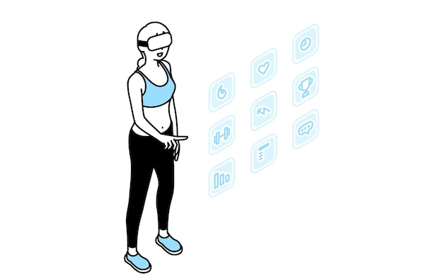 Donna che tocca l'icona del menu nell'app di fitness vr aerea con occhiali vr