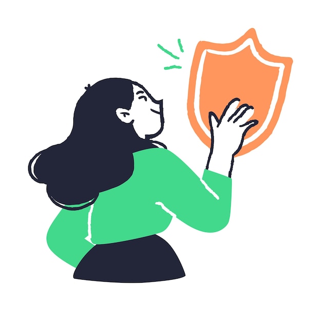 Woman touching a virtual shield illustration