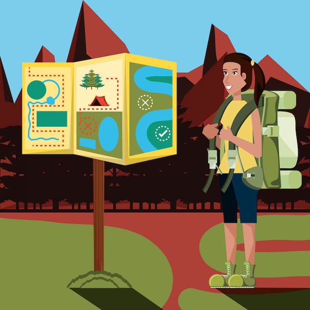 Vector woman tourist in camping zone and map