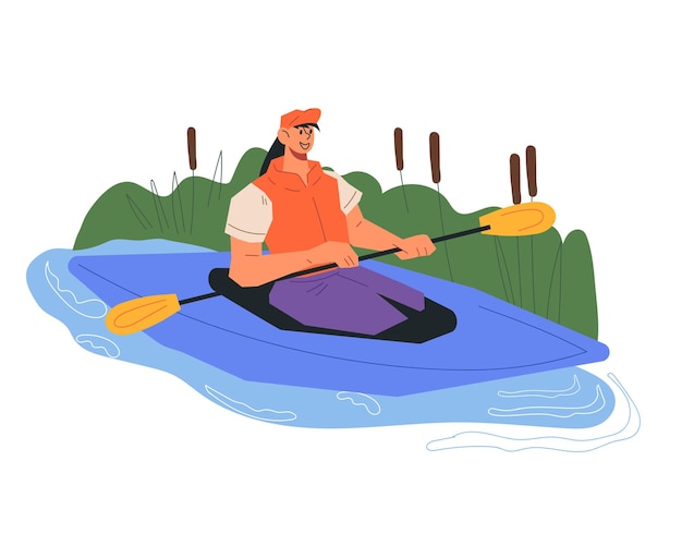 Turista donna su un kayak flat cartone animato illustrazione vettoriale isolata