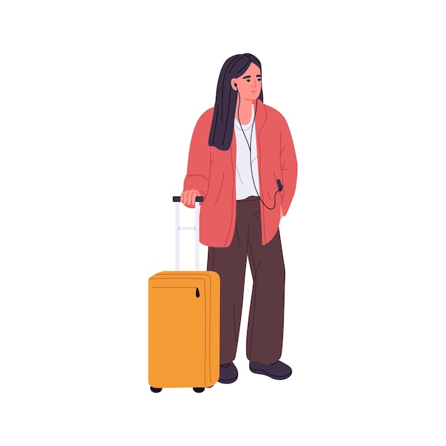 Woman tourist standing with wheel suitcase luggage Traveler with baggage waiting for smth and listening to music in earphones Female passenger Flat vector illustration isolated on white background