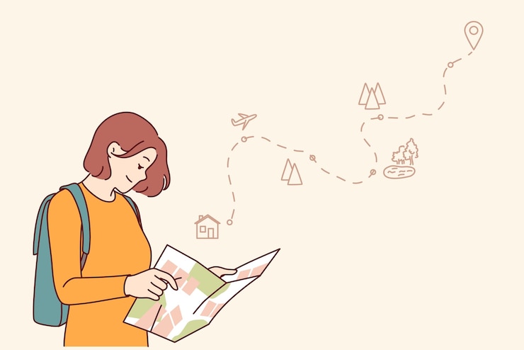 Vector 女性の観光客は紙の地図を使って自然保護区を旅し,目的地へのルートを図ります