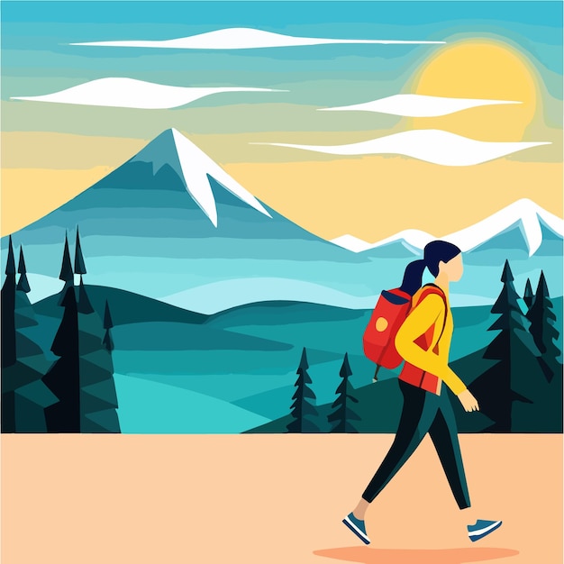 Vector woman tourist with backpack climbs to top mountain looks into distance at is on the horizon vector