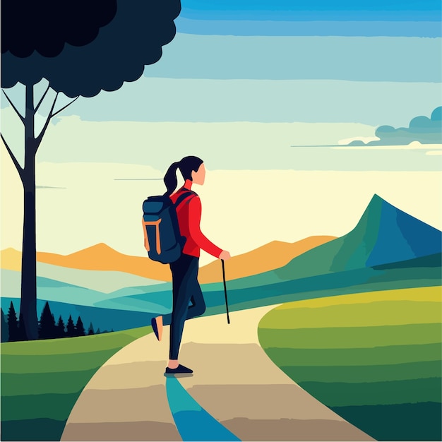 Vector woman tourist with backpack climbs to top mountain looks into distance at is on the horizon vector