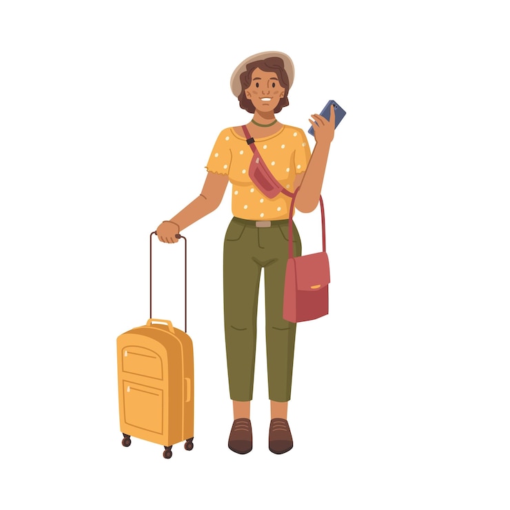 Vector woman tourist with bag and luggage traveling