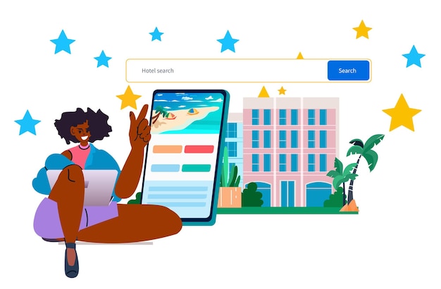 ベクトル スマートフォン アプリを使用してホテルを検索し予約する女性夏休み休暇旅行する時間コンセプト水平ベクトルイラスト