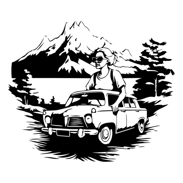 Vector woman tourist with a retro car on the background of mountains vector illustration