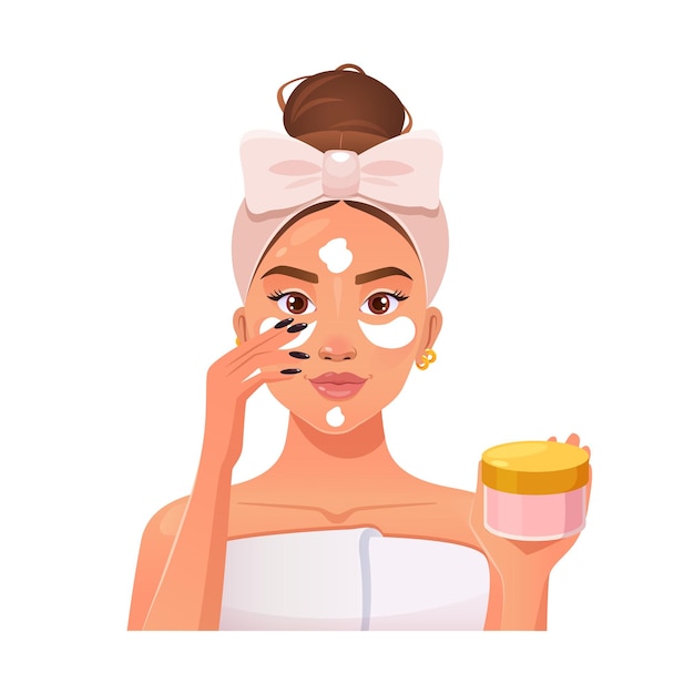 Una donna con un asciugamano si mette la crema sulla faccia.
