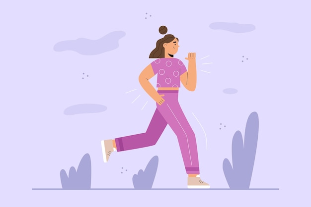 Woman in tracksuit running and doing fitness exercises in the park Flat vector illustration