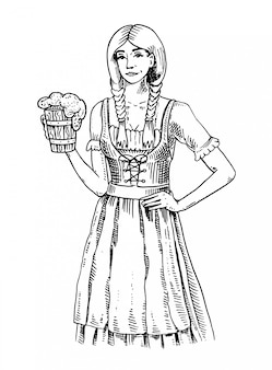 Una donna in abiti tradizionali belghe o bavaresi con birra. incisa a mano con inchiostro disegnato nel vecchio schizzo e stile vintage per il menu web o pub. di oktoberfest.