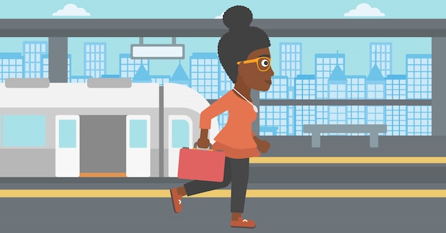 Woman at the train station vector illustration.