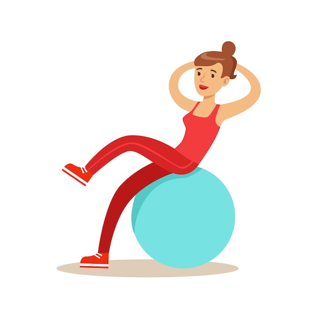 Donna che allena gli addominali sulla palla di gomma membro del fitness club che si allena e si esercita in abbigliamento sportivo alla moda