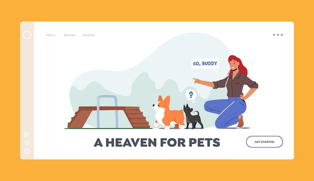 Woman Training Dogs in Park Landing Page Template. Girl Playing with Puppies. Female Character Spend Time Care of Domestic Animals, Friendship, Active Lifestyle, Leisure. Cartoon Vector Illustration