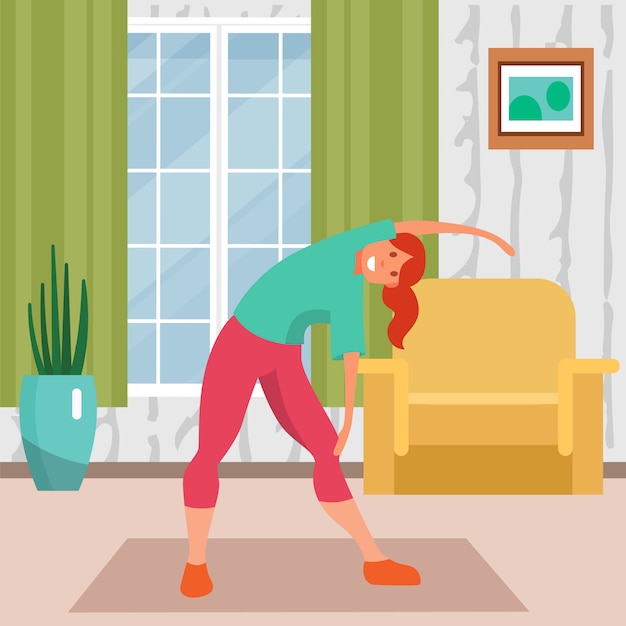 Woman training at home,  illustration. girl character fitness workout, lifestyle activity and  exercise, young body.