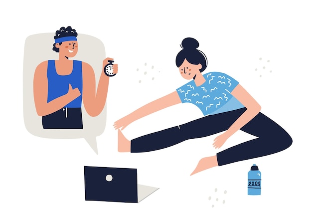 Vector woman training at home with a coach online on her laptop. virtual workout concept. hand drawn vector illustration for add, banner, social media.