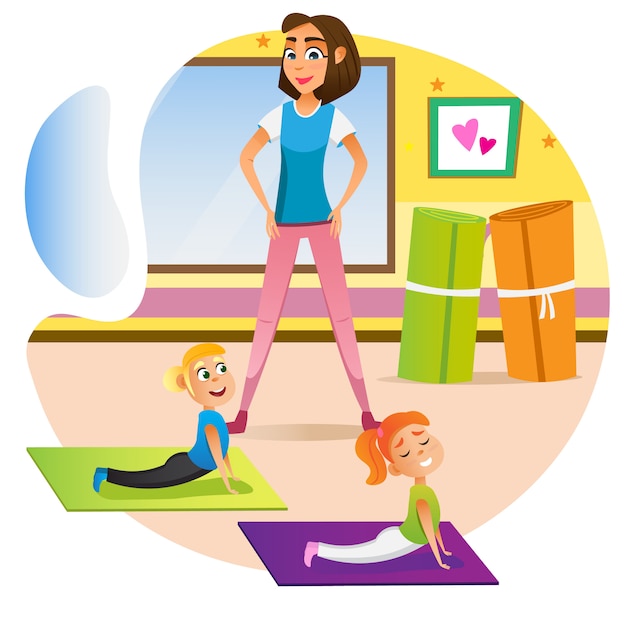 Woman training kids boy girl stretch on floor mat