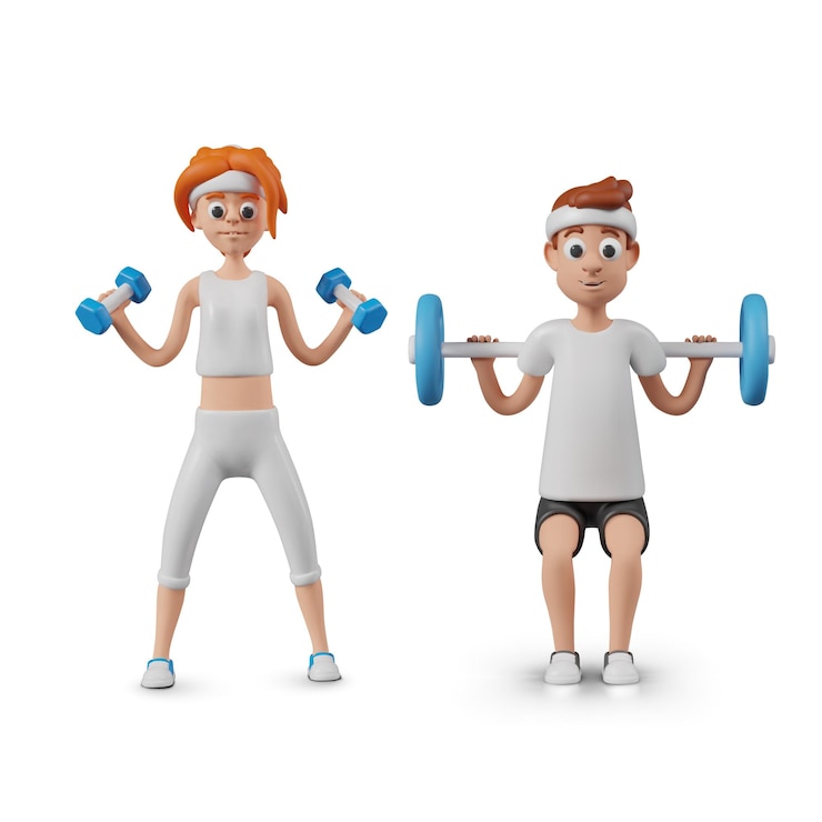 Vector woman trains with dumbbells man squats with barbell on his shoulders