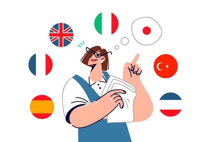 Vector woman translator calls for learning different languages standing among national flags
