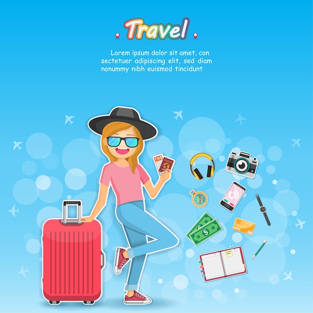 Woman traveler and accessories travel