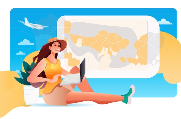 Vector woman traveler using laptop girl chhosing route of travel on world map summer vacation holiday time to travel concept