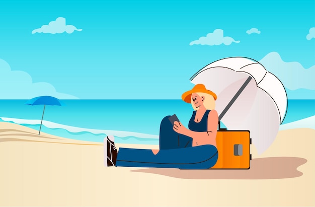 女性旅行者が熱帯のビーチでスマートフォンを使用して夏休み休日の概念を旅行する水平海景背景ベクトルイラスト