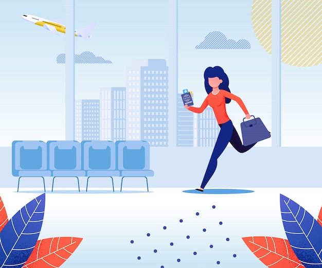 Woman traveling by plane holding bag and passport with ticket flat cartoon vector illustration. girl in airport terminal. character running or hurrying up for flight. being late for boarding.